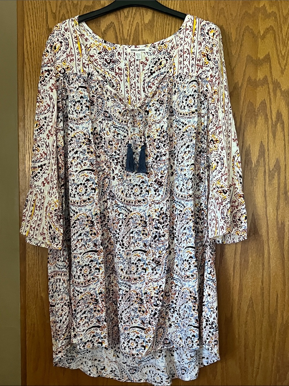 Boho Paisley Tassel Tunic Top - Cream with Navy & Rust